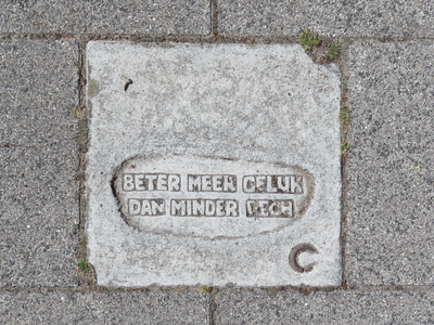 833541 Afbeelding van een tegel met de tekst: 'BETER MEER GELUK DAN MINDER PECH', in het trottoir ter hoogte van de ...